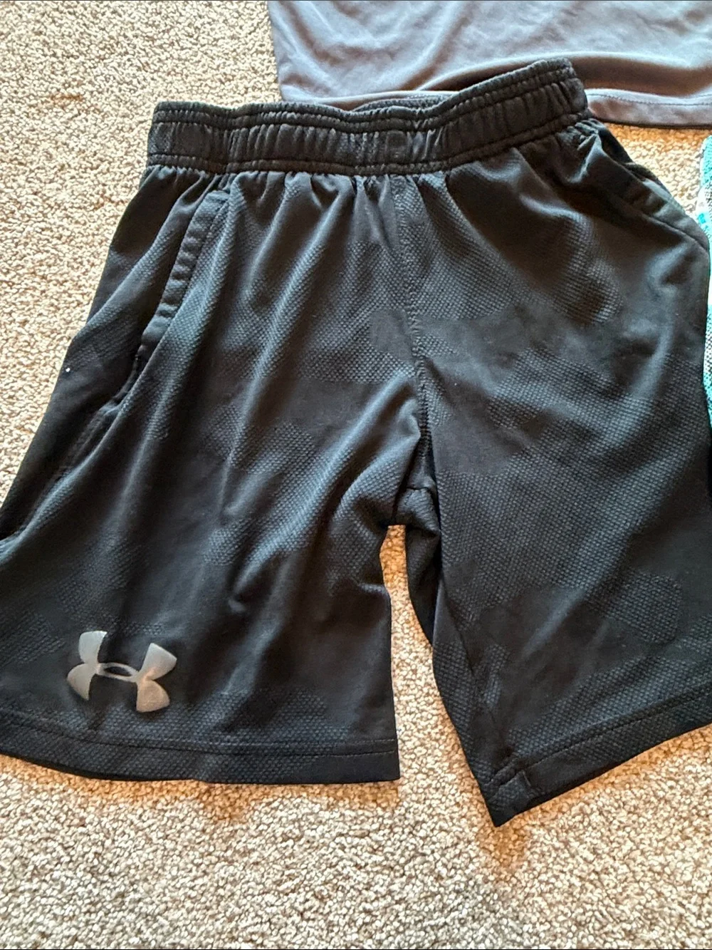 Under Armour Kids Gray Tee with Black & Teal Patterned Swim Trunks